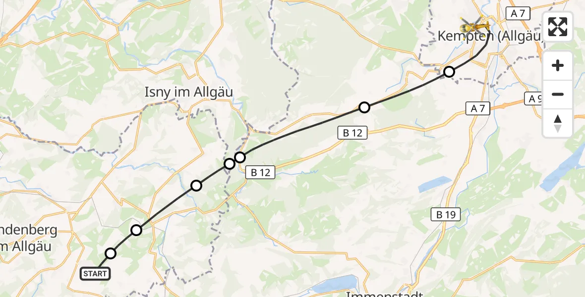 Flugroute Rettungshubschrauber Weiler-Simmerberg - Kempten (Allgäu), 16 Juli 2026, 11:54