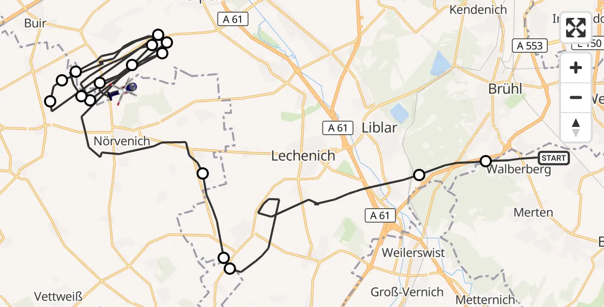 Flugroute Polizeihubschrauber Bornheim - Militärflugplatz Nörvenich, 16 Juli 2026, 11:55