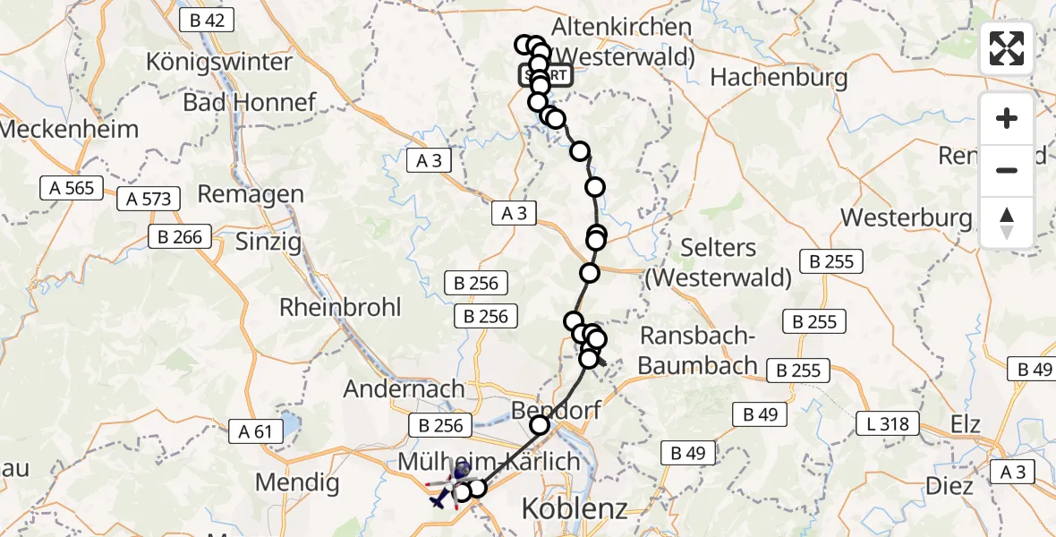 Flugroute Polizeihubschrauber Neitersen - Bassenheim, 16 Juli 2026, 11:57