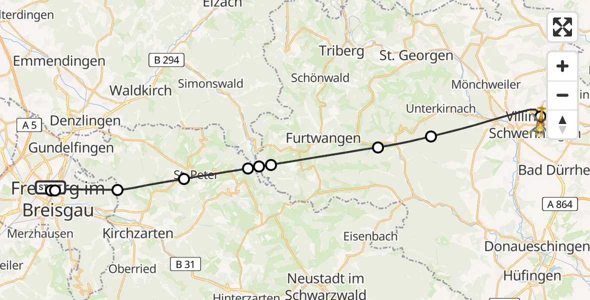 Flugroute Ambulanzhubschrauber Freiburg University Hospital Heliport 1 - DRF Air Rescue Station Villingen-Schwenningen Hubschrauberlandeplatz (Christoph 11), 16 Juli 2026, 12:10