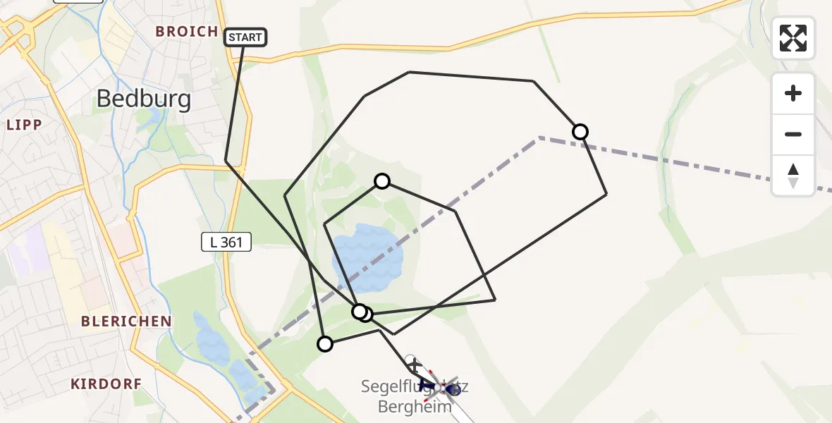 Flugroute Polizeihubschrauber Bedburg - Bergheim Flugplatz, 16 Juli 2026, 12:12