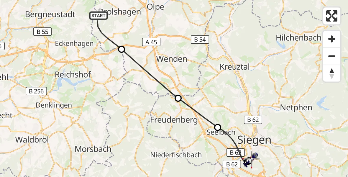 Flugroute Polizeihubschrauber Drolshagen - Evangelisches Jung-Stilling Hospital, 16 Juli 2026, 12:14
