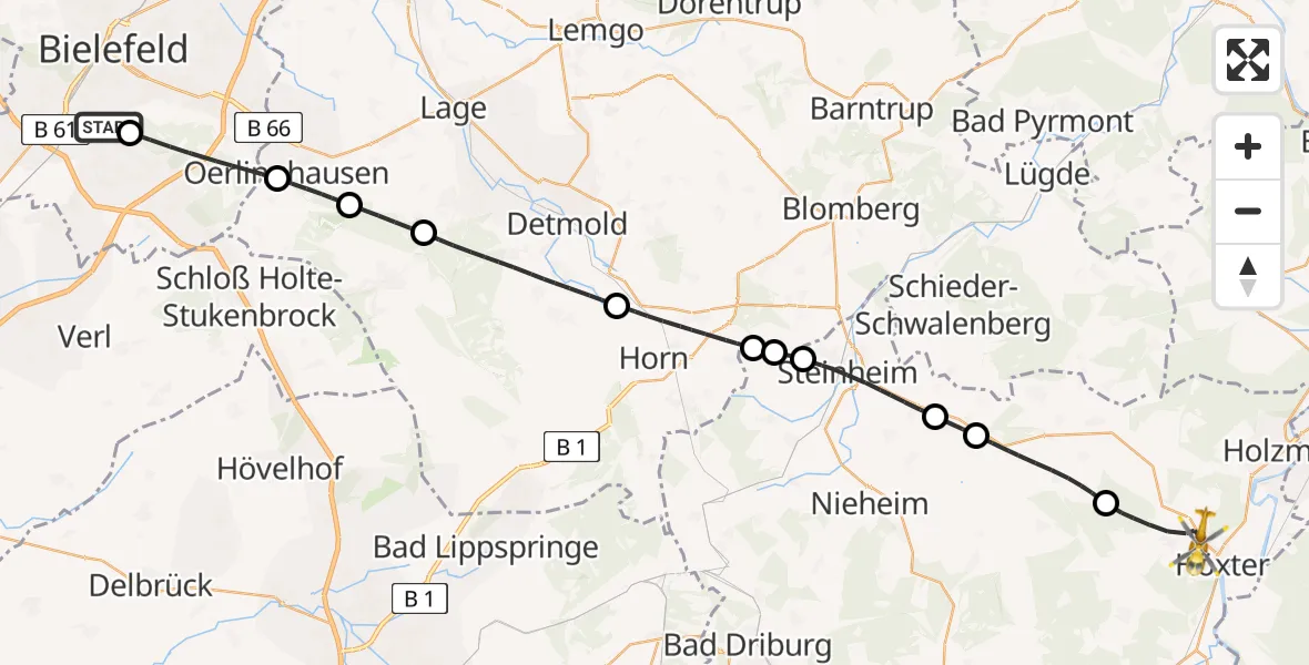 Flugroute Rettungshubschrauber Luftrettungszentrum Bielefeld - Höxter, 16 Juli 2026, 12:16