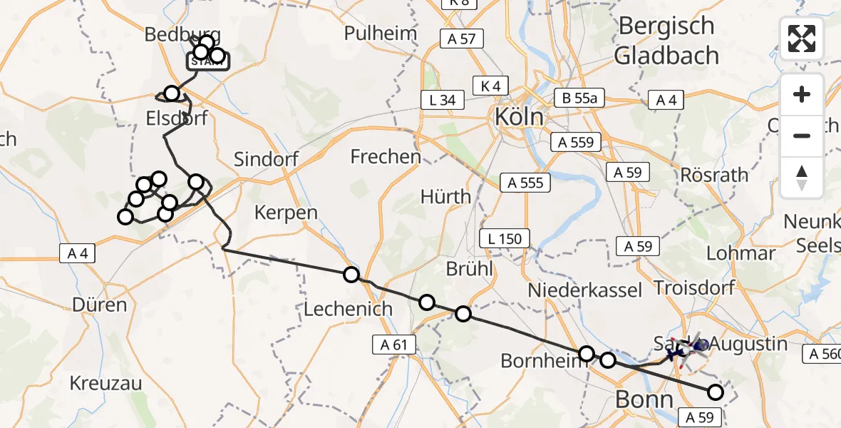 Flugroute Polizeihubschrauber Bergheim Flugplatz - Sankt Augustin, 16 Juli 2026, 12:19
