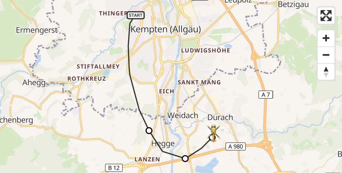 Flugroute Rettungshubschrauber Kempten (Allgäu) - Kempten-Durach Flugplatz, 16 Juli 2026, 12:24