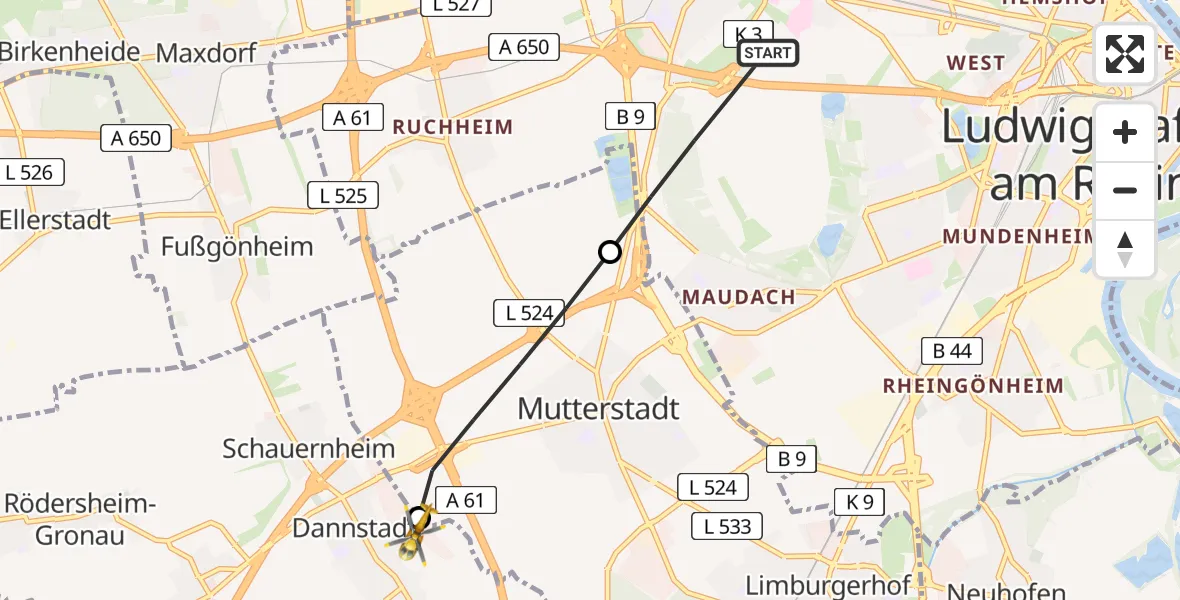 Flugroute Rettungshubschrauber Ludwigshafen am Rhein - Dannstadt-Schauernheim, 16 Juli 2026, 12:30