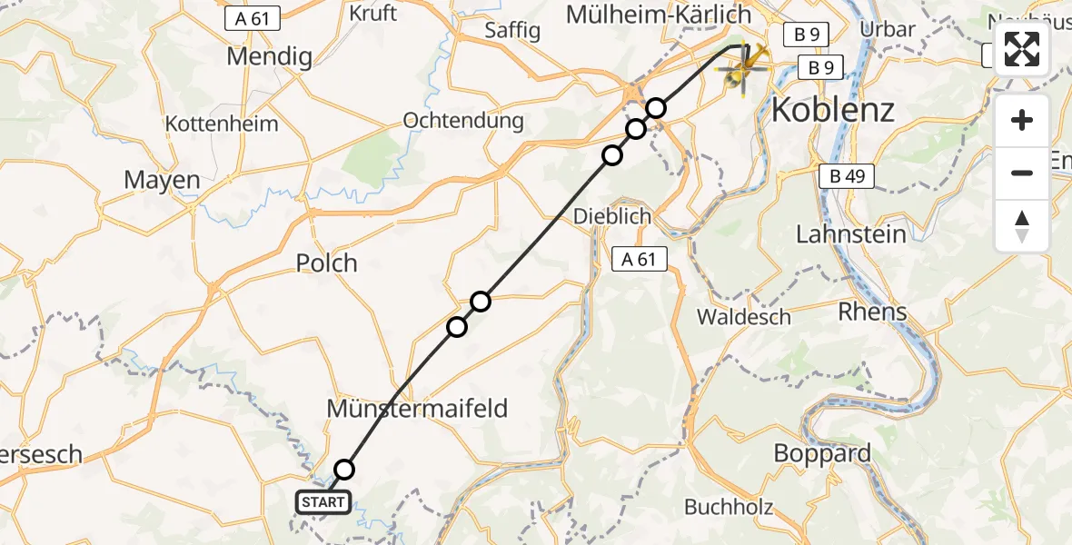 Flugroute Rettungshubschrauber Möntenich - Koblenz, 16 Juli 2026, 12:33
