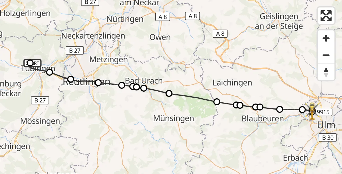 Flugroute Rettungshubschrauber Tübingen Trauma Hospital - ADAC Air Rescue Station Ulm (Christoph 22), 16 Juli 2026, 12:39