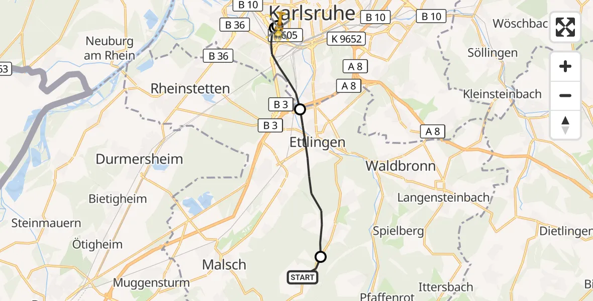Flugroute Ambulanzhubschrauber Malsch - Sankt Vincentius Hospital, 16 Juli 2026, 12:42