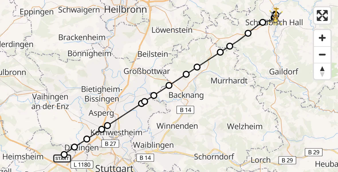 Flugroute Rettungshubschrauber Leonberg Hospital - Evangelisches Diakonie Hospital Schwäbisch Hall, 16 Juli 2026, 12:44