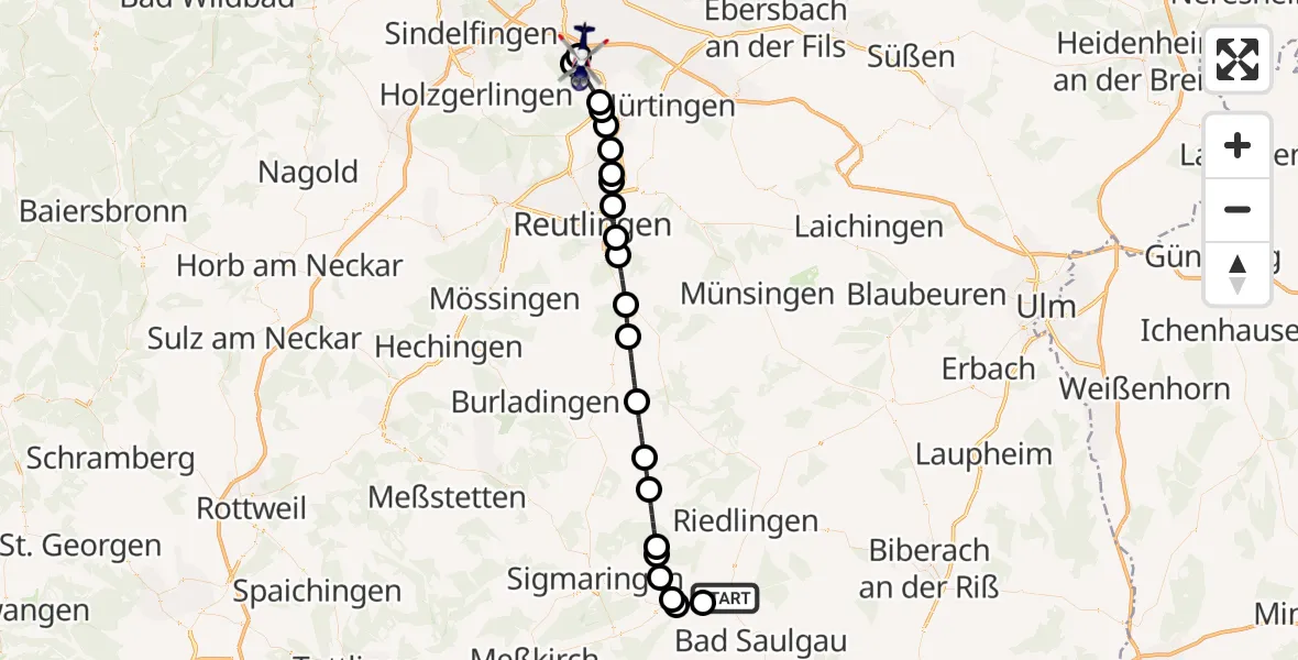 Flugroute Polizeihubschrauber Herbertingen - Flughafen Stuttgart, 16 Juli 2026, 12:47