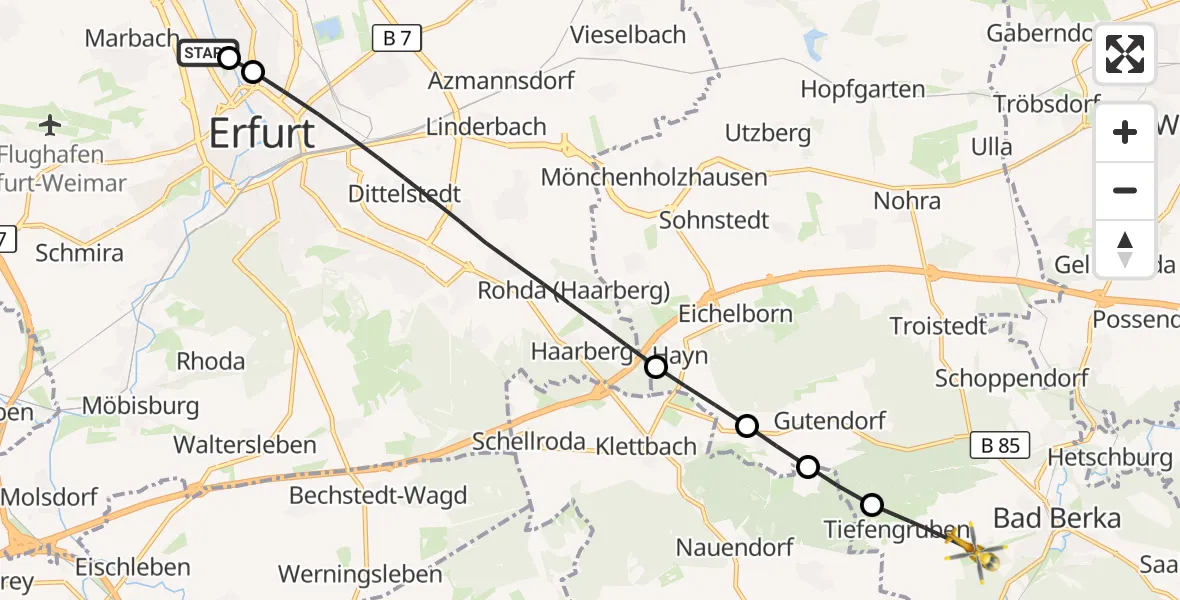 Flugroute Ambulanzhubschrauber Helios Clinic Erfurt - Bad Berka, 16 Juli 2026, 12:49