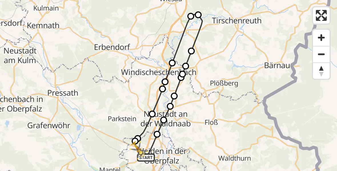 Flugroute Ambulanzhubschrauber Weiden i.d.OPf. - Weiden i.d.OPf., 16 Juli 2026, 12:50