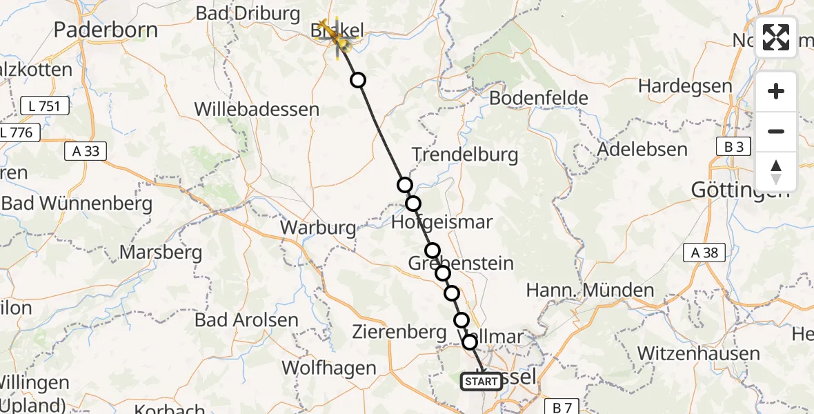 Flugroute Rettungshubschrauber Kassel - Brakel, 16 Juli 2026, 12:51
