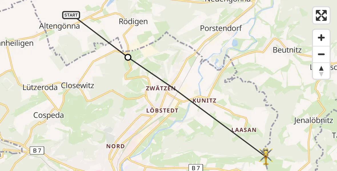 Flugroute Rettungshubschrauber Lehesten - Jena, 16 Juli 2026, 12:52