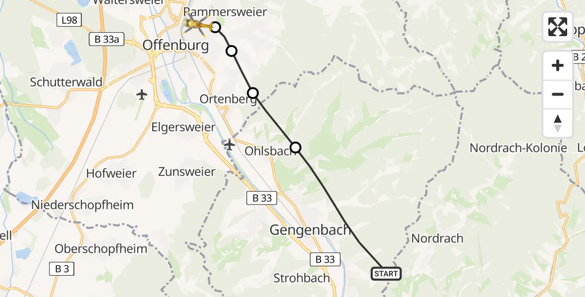Flugroute Rettungshubschrauber Gengenbach - Offenburg, 16 Juli 2026, 12:56