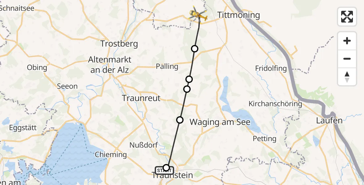 Flugroute Rettungshubschrauber Traunstein Hospital - Tyrlaching, 16 Juli 2026, 12:58