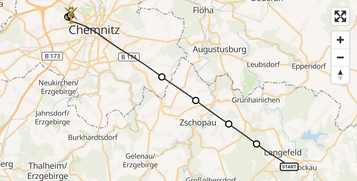 Flugroute Rettungshubschrauber Pockau-Lengefeld - Flemmingstraße Hospital Rooftop, 16 Juli 2026, 12:59