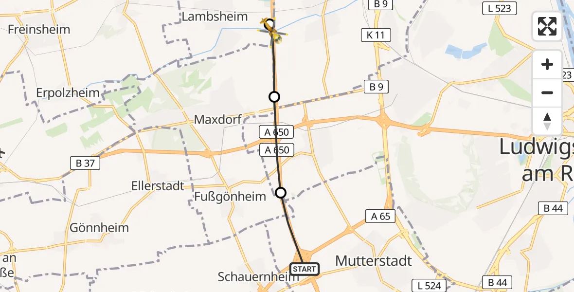 Flugroute Rettungshubschrauber Mutterstadt - Lambsheim, 16 Juli 2026, 13:03