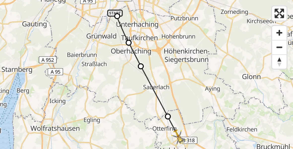 Flugroute Rettungshubschrauber ADAC Air Rescue Center Hubschrauberlandeplatz (Christoph 1) - Holzkirchen, 16 Juli 2026, 13:05