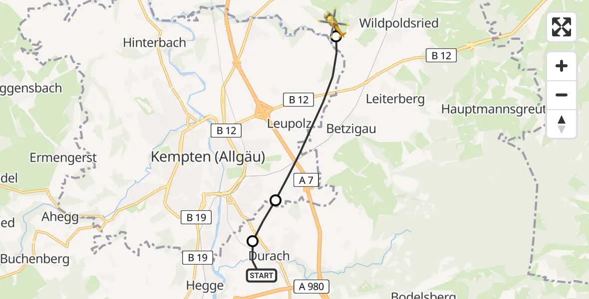 Flugroute Rettungshubschrauber Kempten-Durach Flugplatz - Haldenwang, 16 Juli 2026, 13:05