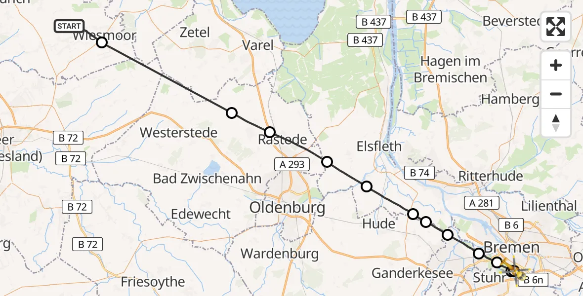 Flugroute Rettungshubschrauber Großefehn - Bremen, 16 Juli 2026, 13:10