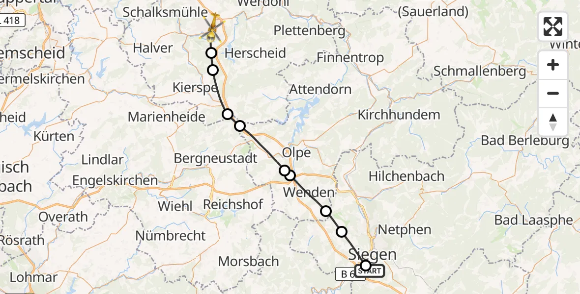 Flugroute Rettungshubschrauber Evangelisches Jung-Stilling Hospital - Lüdenscheid, 16 Juli 2026, 13:19