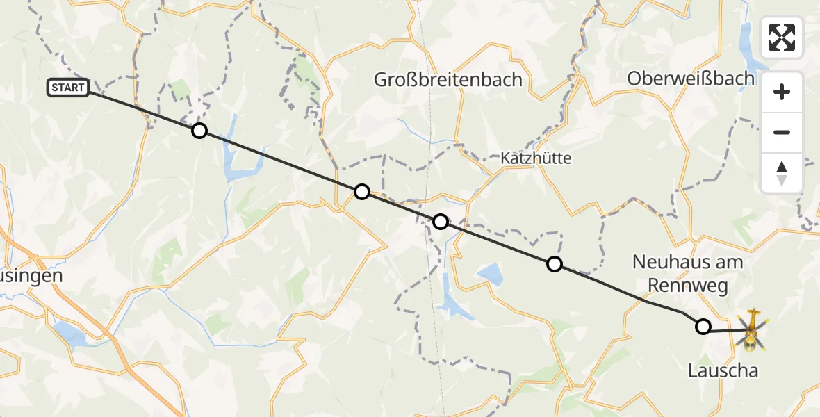 Flugroute Rettungshubschrauber Schleusingen - Lauscha, 16 Juli 2026, 13:22