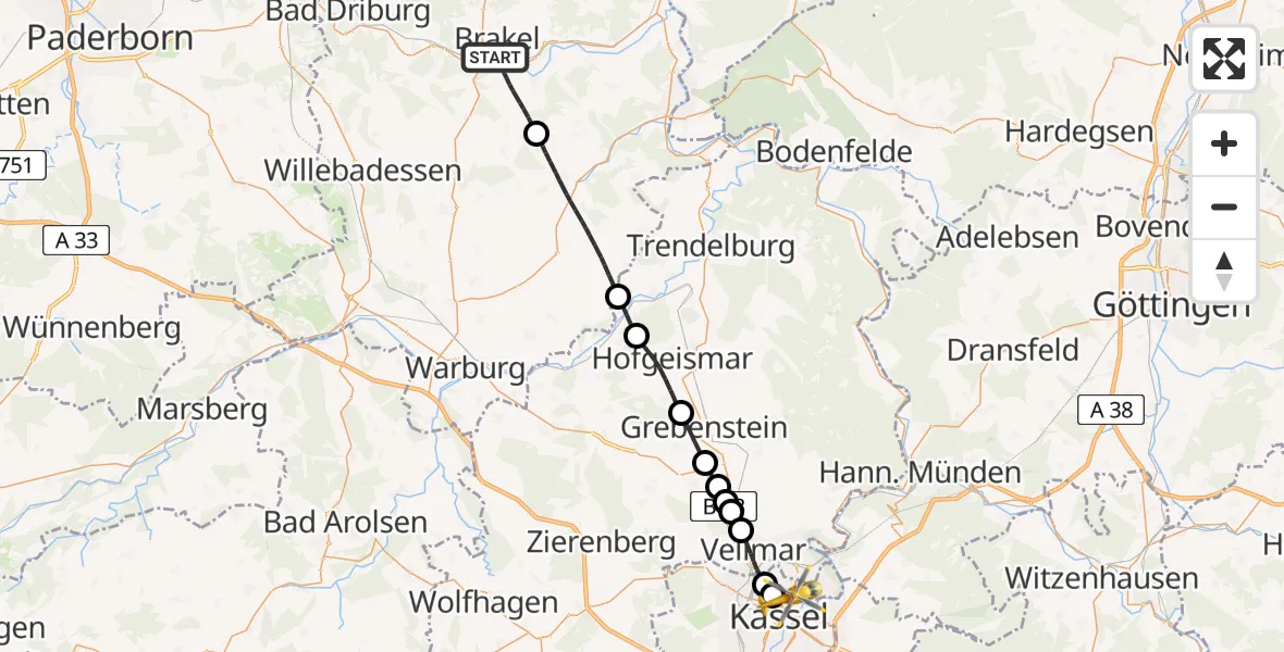 Flugroute Rettungshubschrauber Brakel - Kassel, 16 Juli 2026, 13:24
