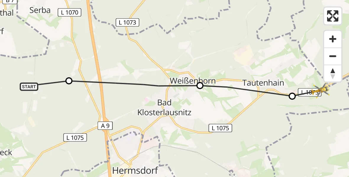 Flugroute Rettungshubschrauber Waldeck - Tautenhain, 16 Juli 2026, 13:25