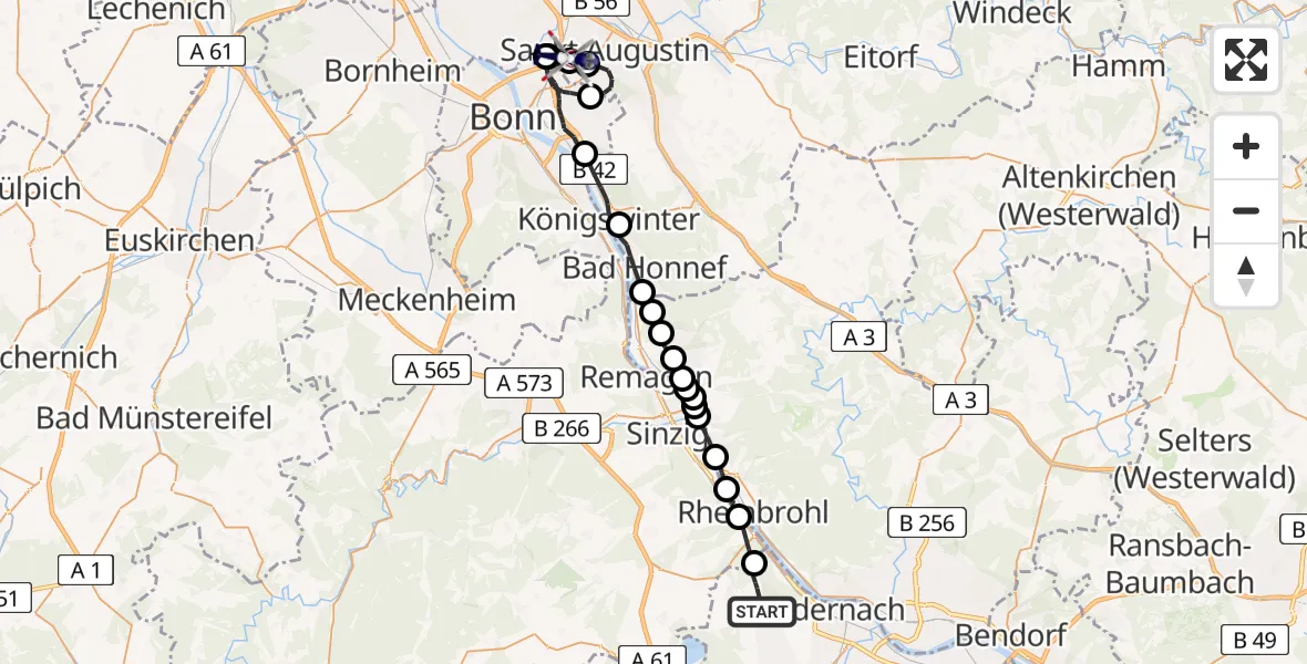 Flugroute Polizeihubschrauber Andernach - Sankt Augustin, 16 Juli 2026, 13:30