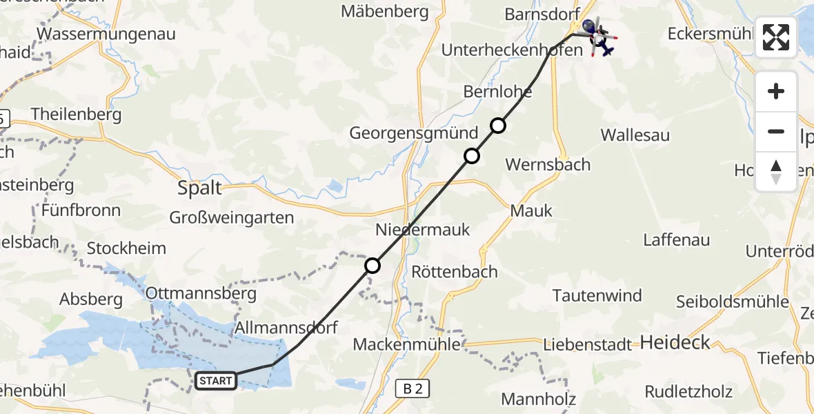 Flugroute Polizeihubschrauber Pleinfeld - Flugplatz Roth, 16 Juli 2026, 13:34