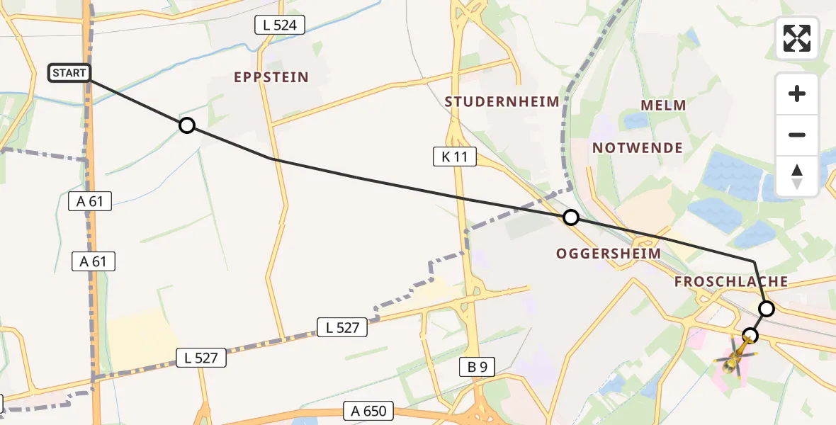 Flugroute Rettungshubschrauber Lambsheim - Ludwigshafen Accident Hospital, 16 Juli 2026, 13:34