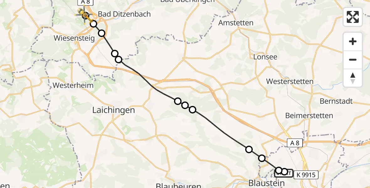 Flugroute Rettungshubschrauber Ulm Military Hospital Emergency - Gruibingen, 16 Juli 2026, 13:35