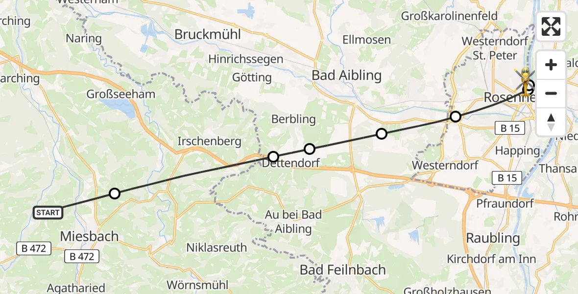 Flugroute Rettungshubschrauber Miesbach - RoMed Hospital Rosenheim, 16 Juli 2026, 13:37