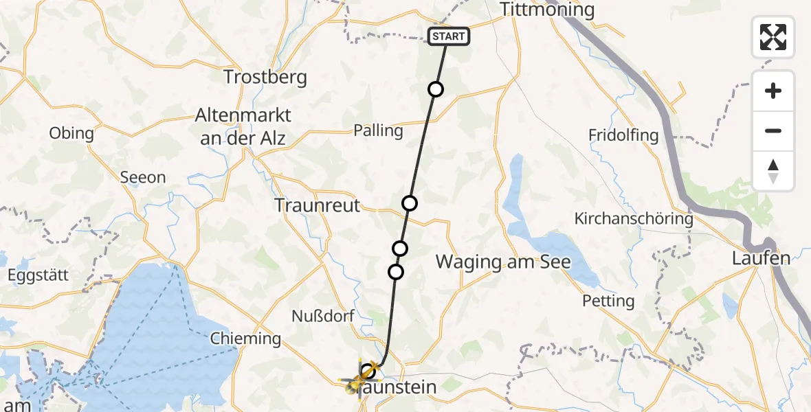 Flugroute Rettungshubschrauber Tittmoning - Traunstein Krankenhaus Hubschrauberlandeplatz, 16 Juli 2026, 13:38