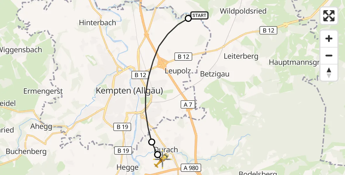 Flugroute Rettungshubschrauber Haldenwang - Kempten-Durach Flugplatz, 16 Juli 2026, 13:39