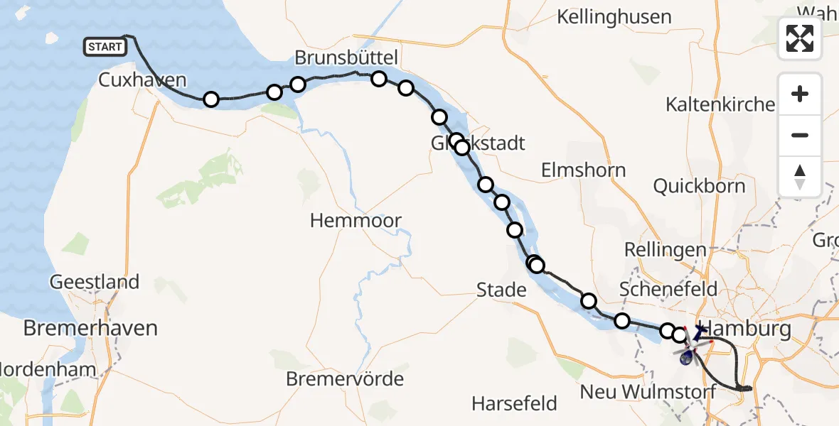 Flugroute Polizeihubschrauber Cuxhaven - Hamburg, 16 Juli 2026, 13:40
