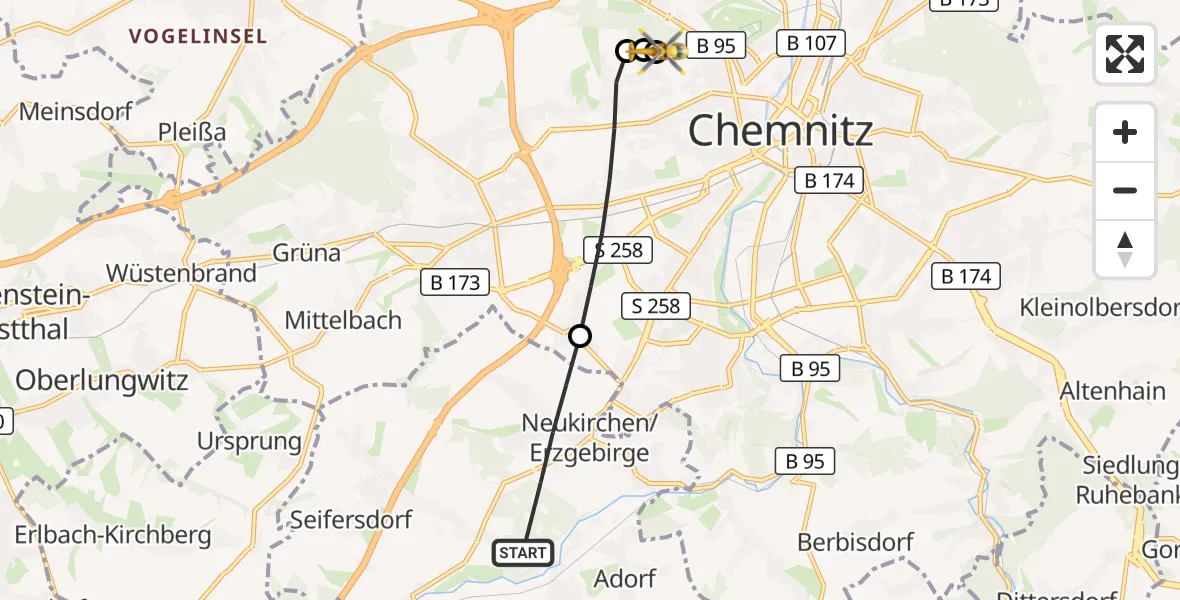 Flugroute Rettungshubschrauber Neukirchen/Erzgeb. - Flemmingstraße Hospital Rooftop, 16 Juli 2026, 13:42