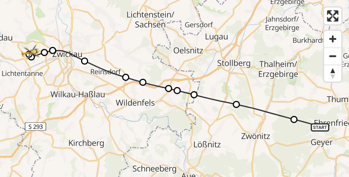 Flugroute Rettungshubschrauber Geyer - ADAC Air Rescue Station Zwickau Hubschrauberlandeplatz, 16 Juli 2026, 13:42