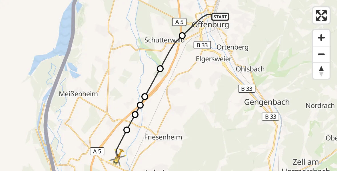 Flugroute Rettungshubschrauber Offenburg - Lahr Flughafen, 16 Juli 2026, 13:47