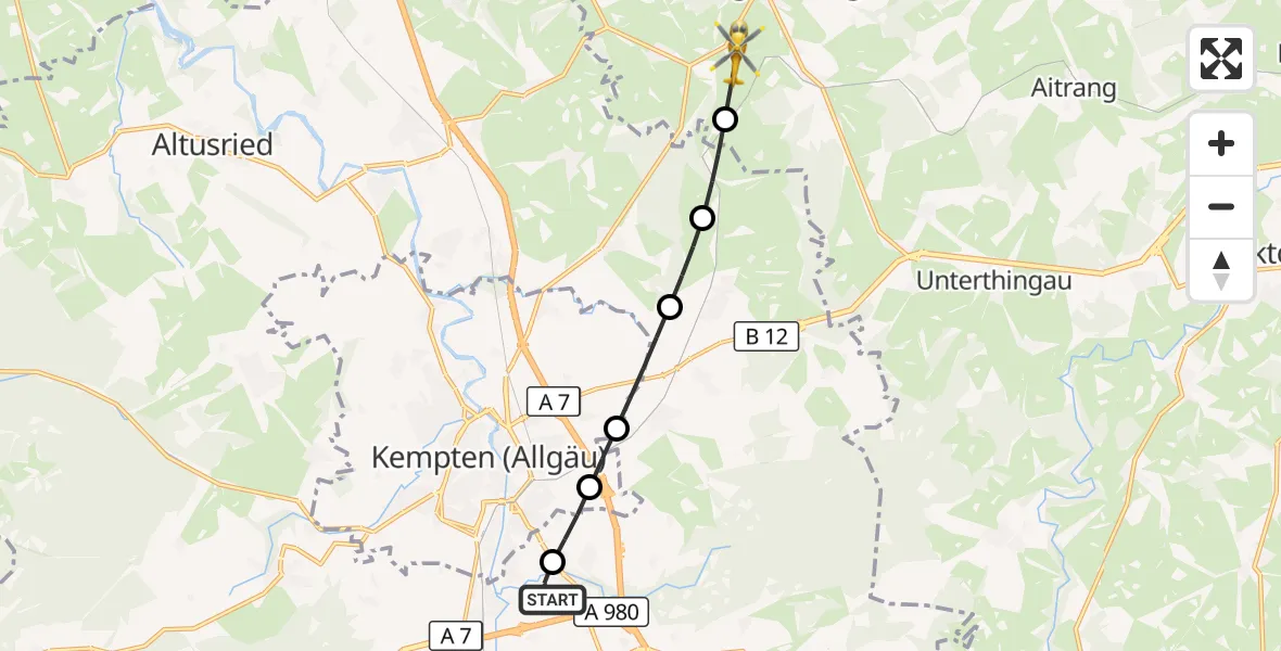 Flugroute Rettungshubschrauber Kempten-Durach Flugplatz - Günzach, 16 Juli 2026, 13:49