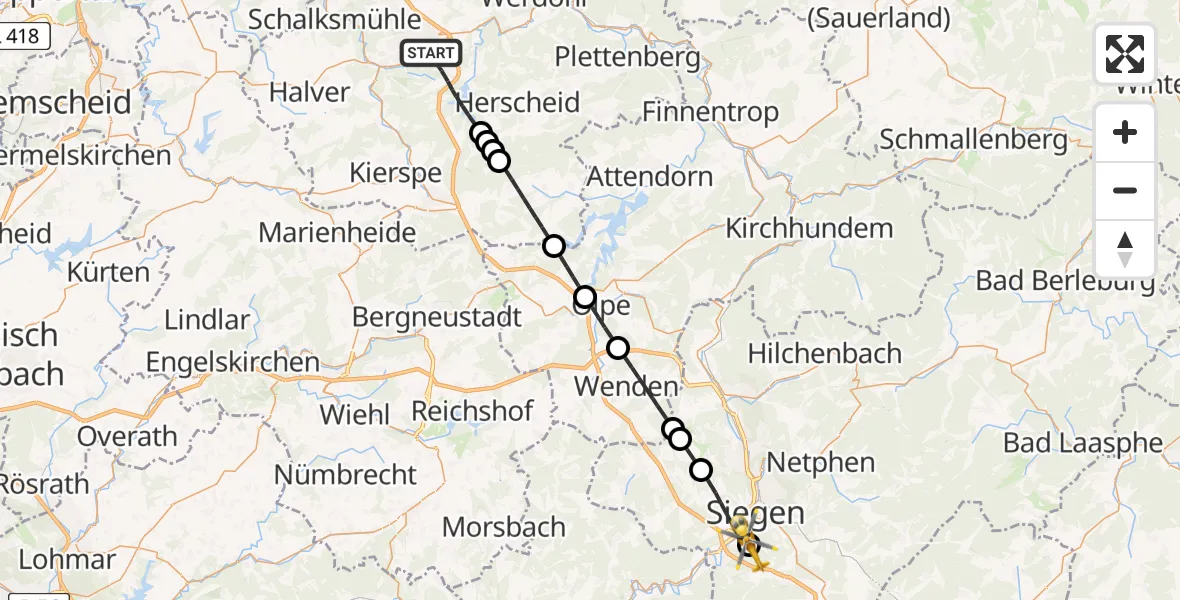 Flugroute Rettungshubschrauber Lüdenscheid - Evangelisches Jung-Stilling Hospital, 16 Juli 2026, 14:00