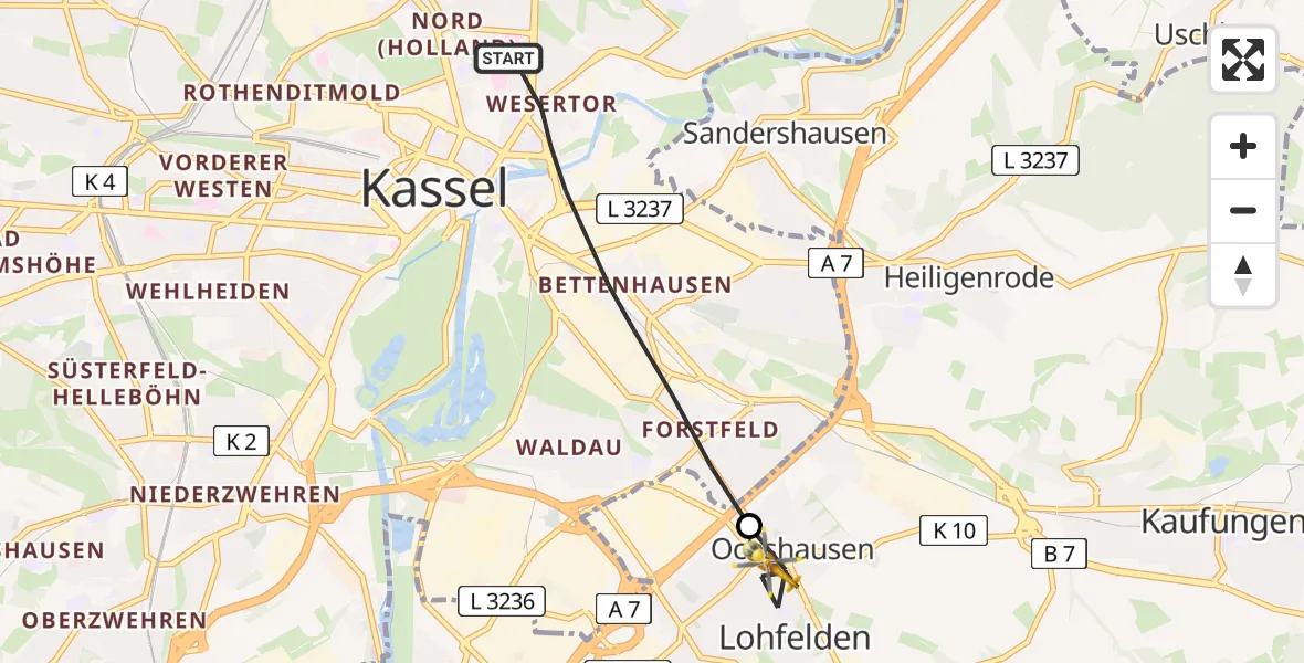 Flugroute Rettungshubschrauber Kassel - Lohfelden, 16 Juli 2026, 14:05