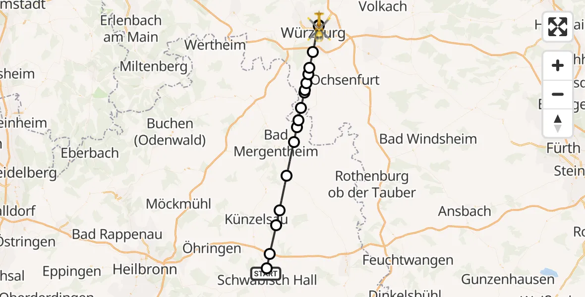 Flugroute Rettungshubschrauber Schwäbisch Hall - Würzburg University Hospital Straubmühlweg, 16 Juli 2026, 14:07