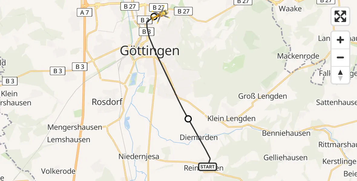 Flugroute Rettungshubschrauber Gleichen - Göttingen University Clinic Hubschrauberlandeplatz, 16 Juli 2026, 14:09