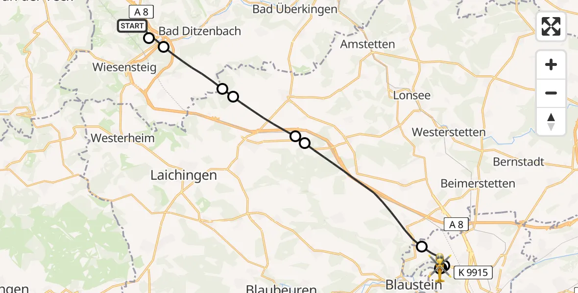 Flugroute Rettungshubschrauber Gruibingen - ADAC Air Rescue Station Ulm (Christoph 22), 16 Juli 2026, 14:10