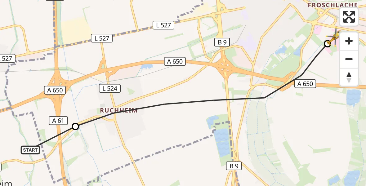 Flugroute Rettungshubschrauber Fußgönheim - Ludwigshafen Accident Hospital, 16 Juli 2026, 14:15