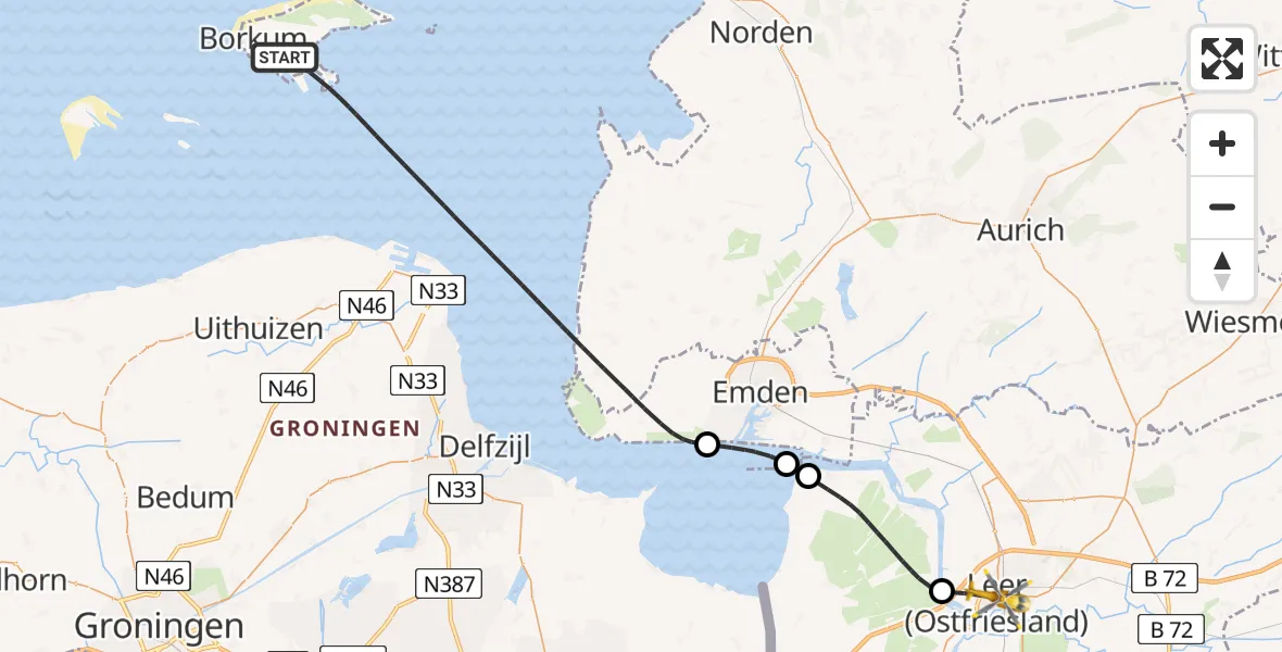 Flugroute Ambulanzhubschrauber Noordzee - Leer (Ostfriesland), 16 Juli 2026, 14:21