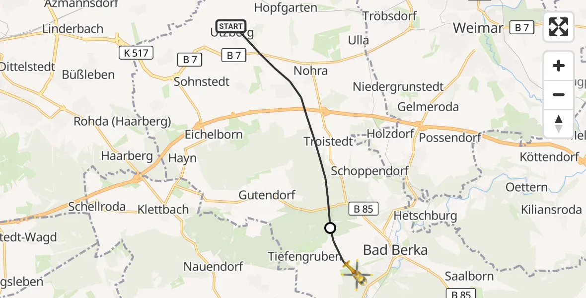 Flugroute Ambulanzhubschrauber Grammetal - DRF Rettungsstation Bad Berka Hubschrauberlandeplatz, 16 Juli 2026, 14:21